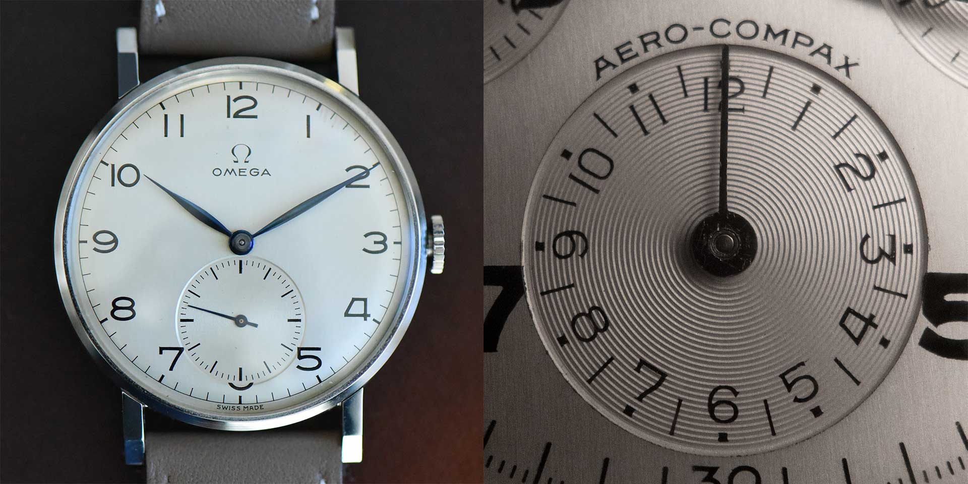Two watch dials: Omega 30T2 and Universal Geneve Aero-Compax watch dials
